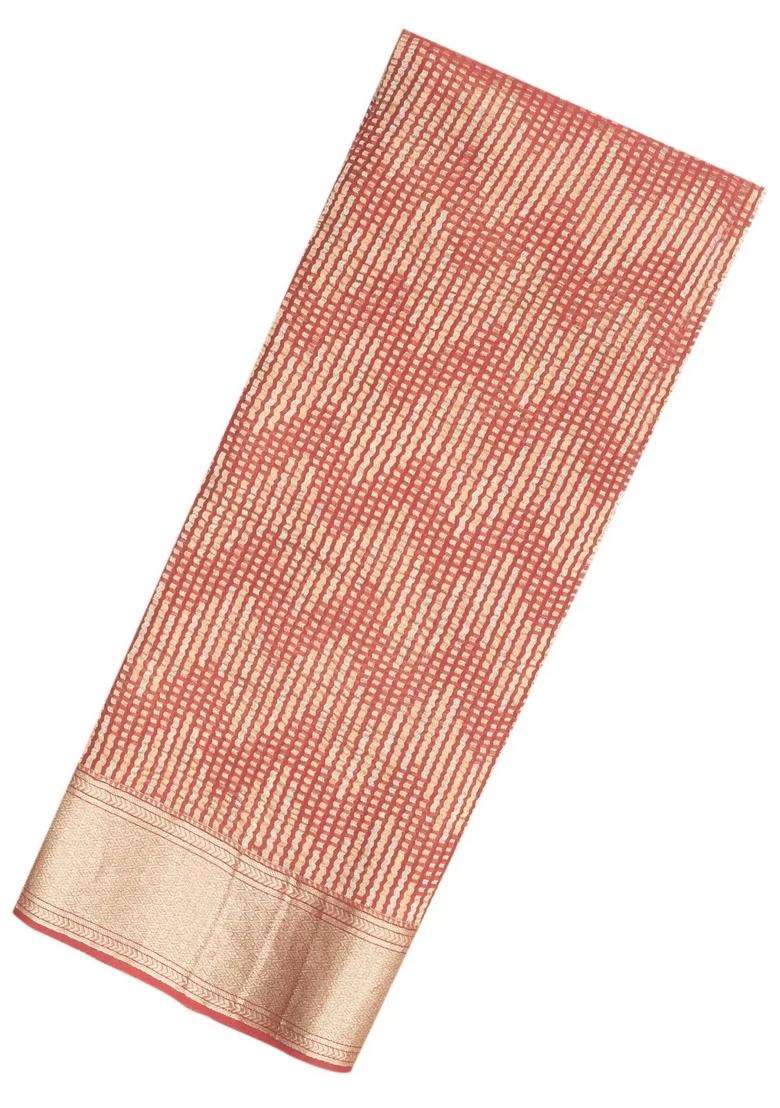 Peach Woven Mysore Silk Crepe Saree With Chevron Motifs With Buttas And Brocade Design For Women - Indya
