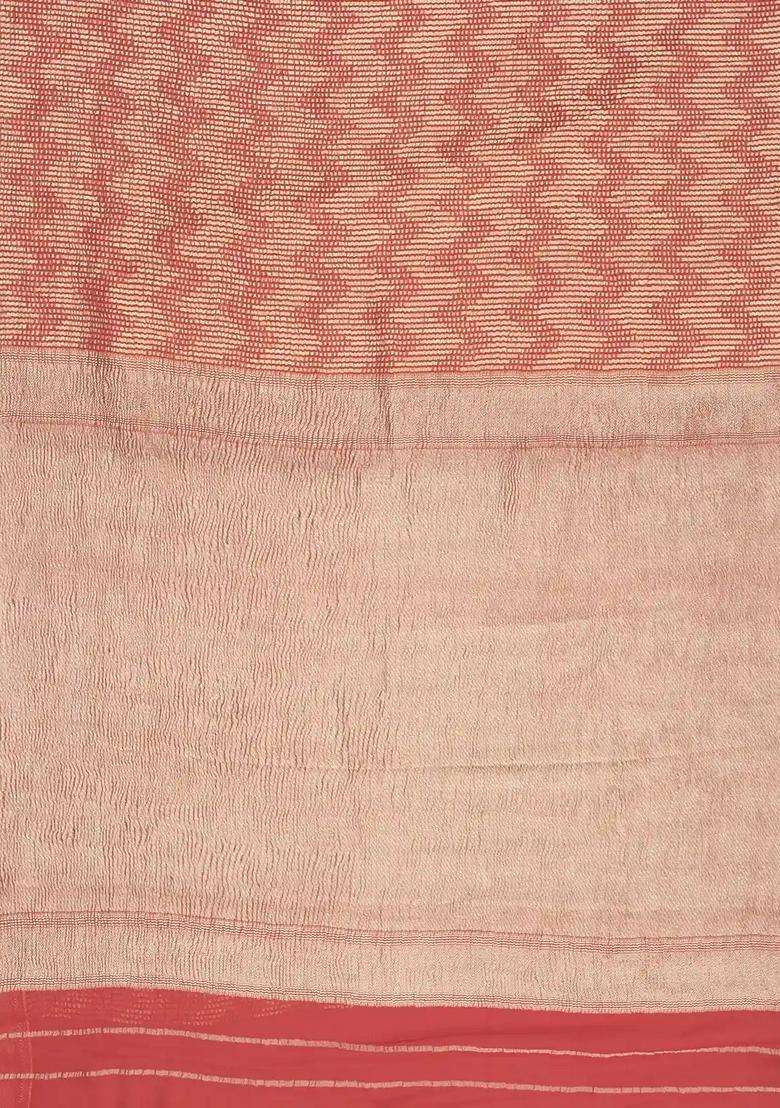 Peach Woven Mysore Silk Crepe Saree With Chevron Motifs With Buttas And Brocade Design For Women - Indya