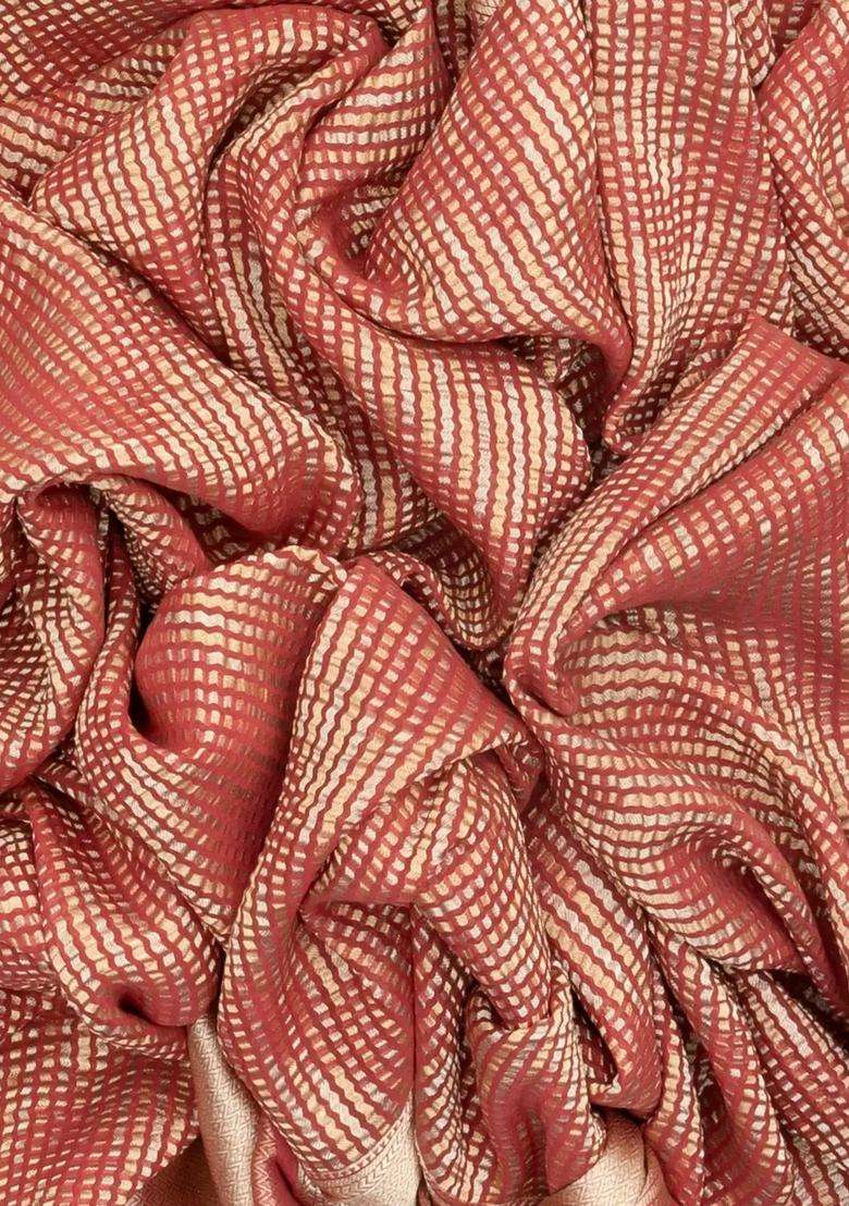 Peach Woven Mysore Silk Crepe Saree With Chevron Motifs With Buttas And Brocade Design For Women - Indya