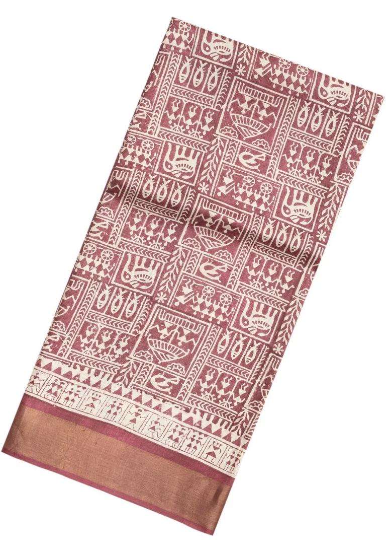 Dusty Pink Handloom Tussar Silk Saree With Printed Tribal Motifs For Women - Indya