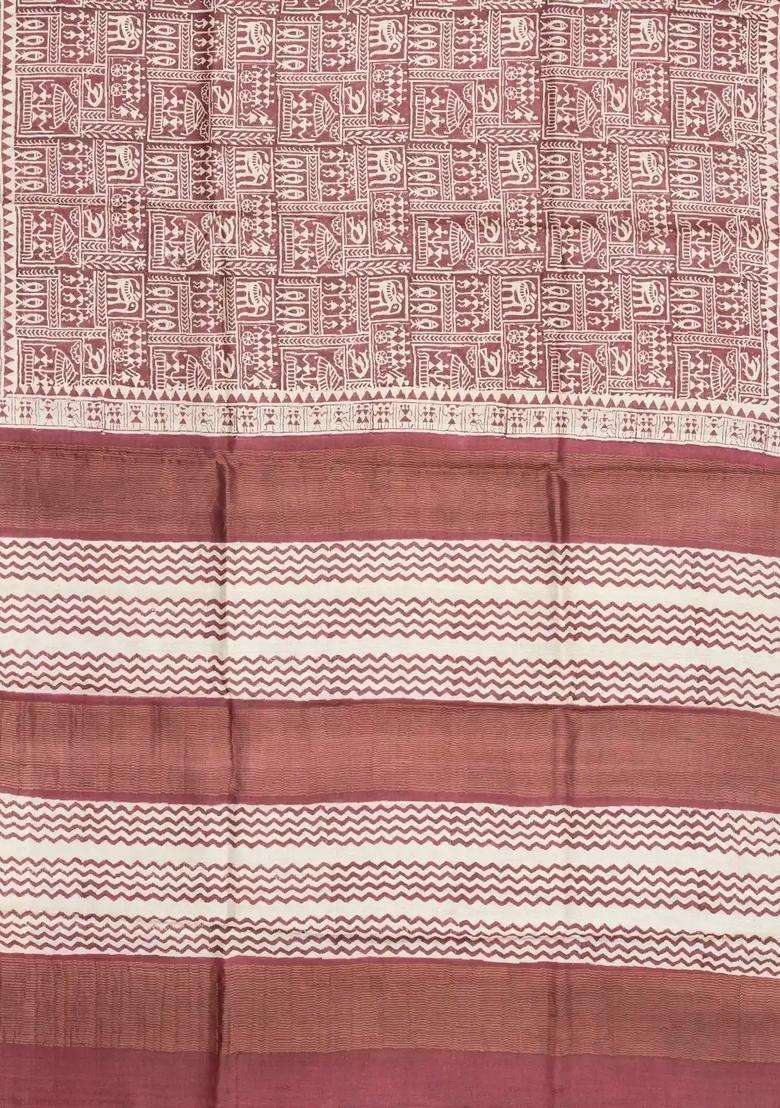Dusty Pink Handloom Tussar Silk Saree With Printed Tribal Motifs For Women - Indya