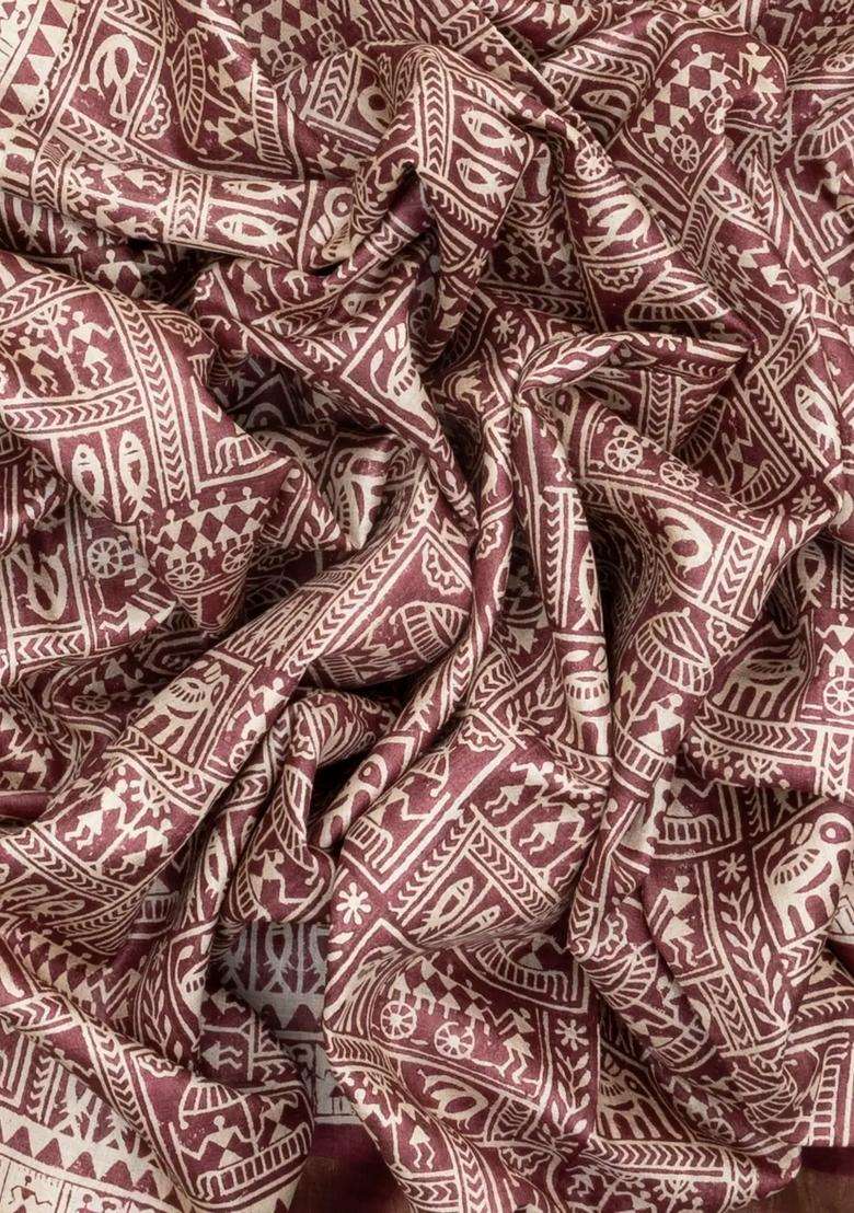 Dusty Pink Handloom Tussar Silk Saree With Printed Tribal Motifs For Women - Indya