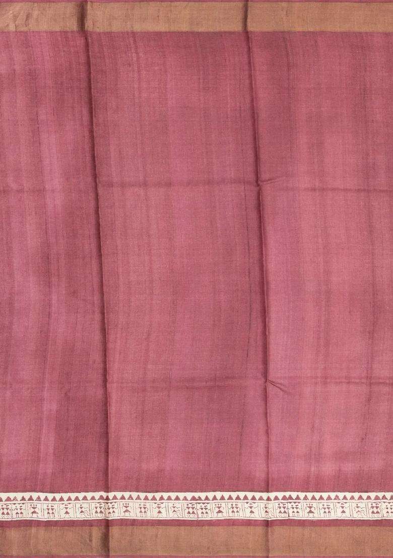 Dusty Pink Handloom Tussar Silk Saree With Printed Tribal Motifs For Women - Indya