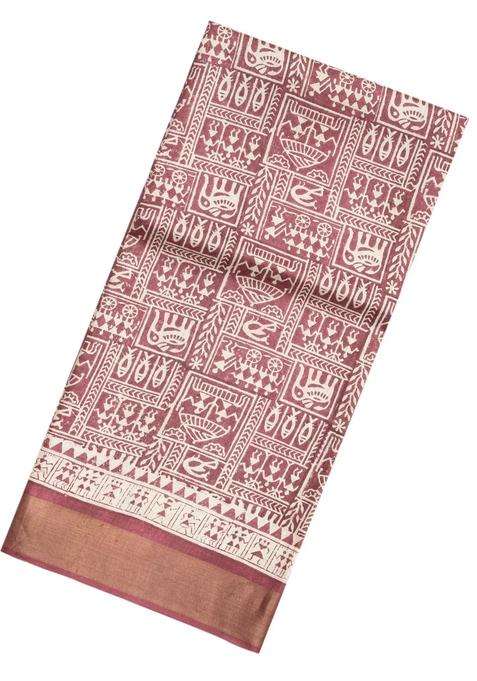 Dusty Pink Handloom Tussar Silk Saree With Printed Tribal Motifs For Women