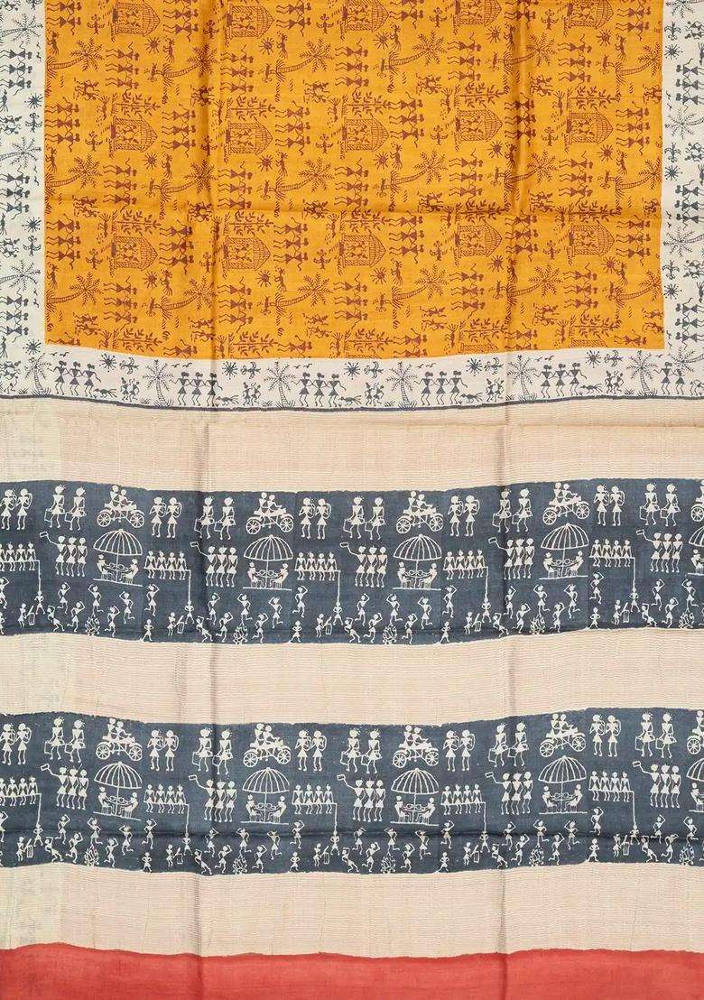 Mustard Handloom Tussar Silk Saree With Printed Tribal Motifs For Women - Indya