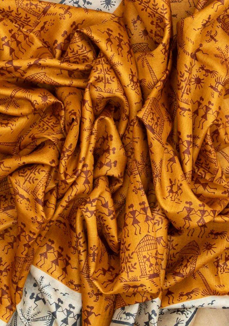 Mustard Handloom Tussar Silk Saree With Printed Tribal Motifs For Women - Indya