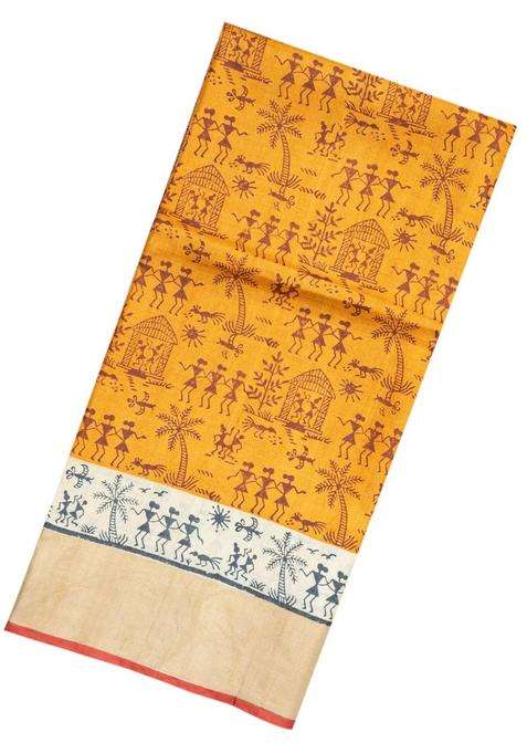 Mustard Handloom Tussar Silk Saree With Printed Tribal Motifs For Women