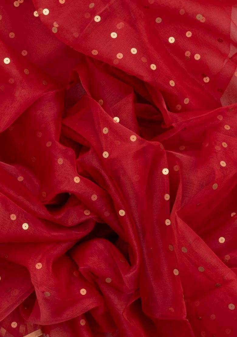 Red Woven Organza Saree With Sequin Work Paithani Pallu With Embroidered Design For Women - Indya