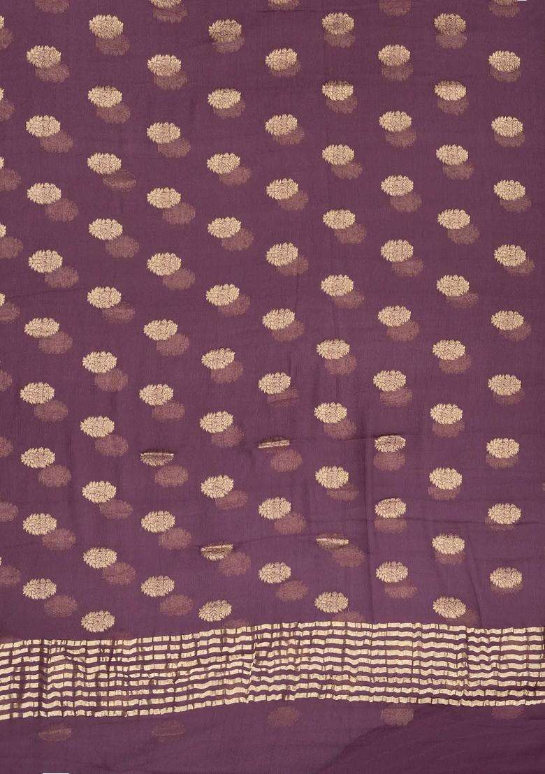 Lilac Woven Mysore Silk Crepe Saree With Floral Zari Buttas With Buttas And Brocade Design For Women - Indya