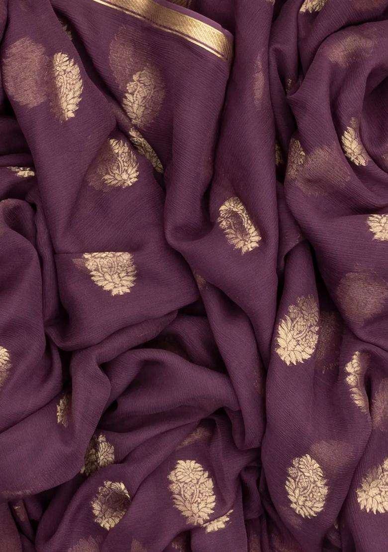 Lilac Woven Mysore Silk Crepe Saree With Floral Zari Buttas With Buttas And Brocade Design For Women - Indya