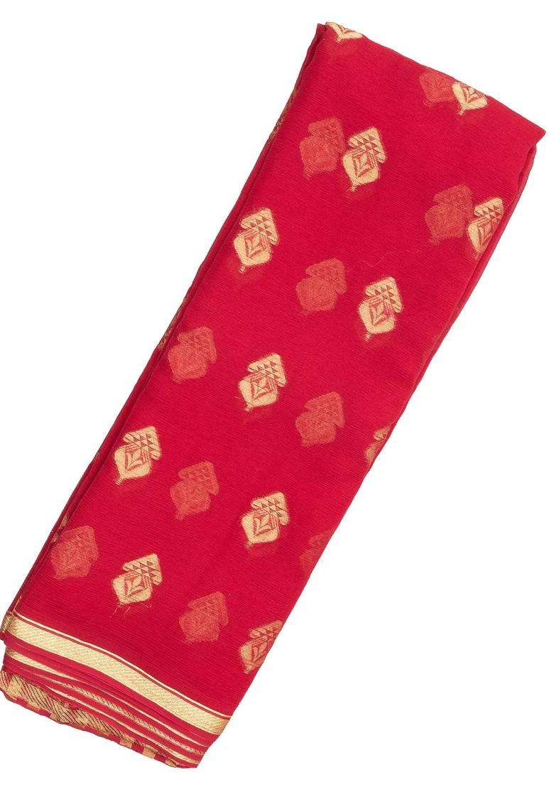 Red Woven Mysore Silk Crepe Saree With Floral Zari Buttas With Buttas And Brocade Design For Women - Indya