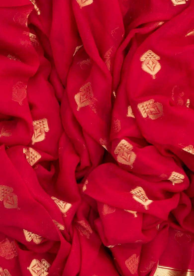 Red Woven Mysore Silk Crepe Saree With Floral Zari Buttas With Buttas And Brocade Design For Women - Indya
