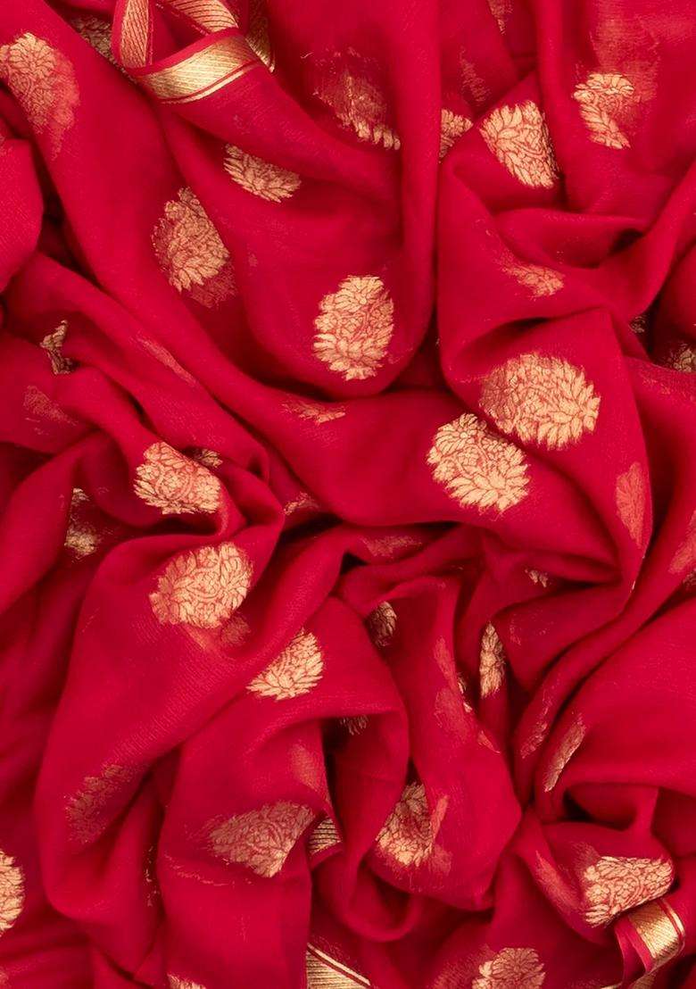 Dark Peach Woven Mysore Silk Crepe Saree With Floral Zari Buttas With Buttas And Brocade Design For Women - Indya