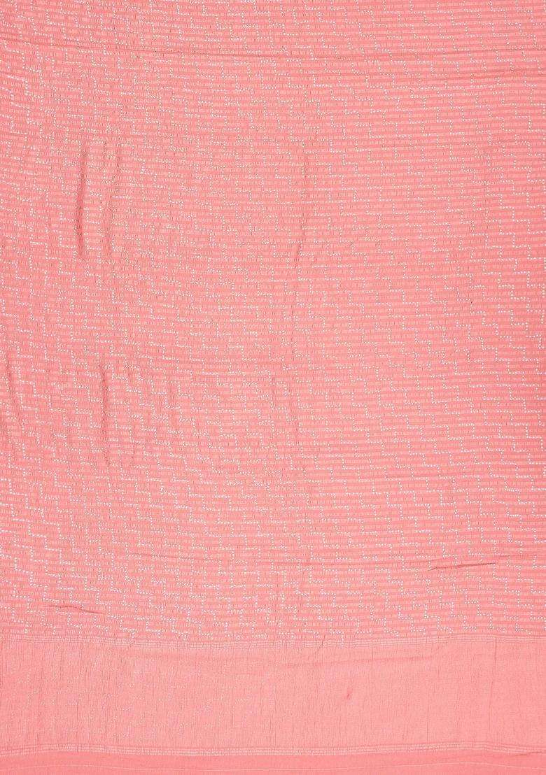 Peach Woven Mysore Silk Crepe Saree With Chevron Motifs With Buttas And Brocade Design For Women - Indya