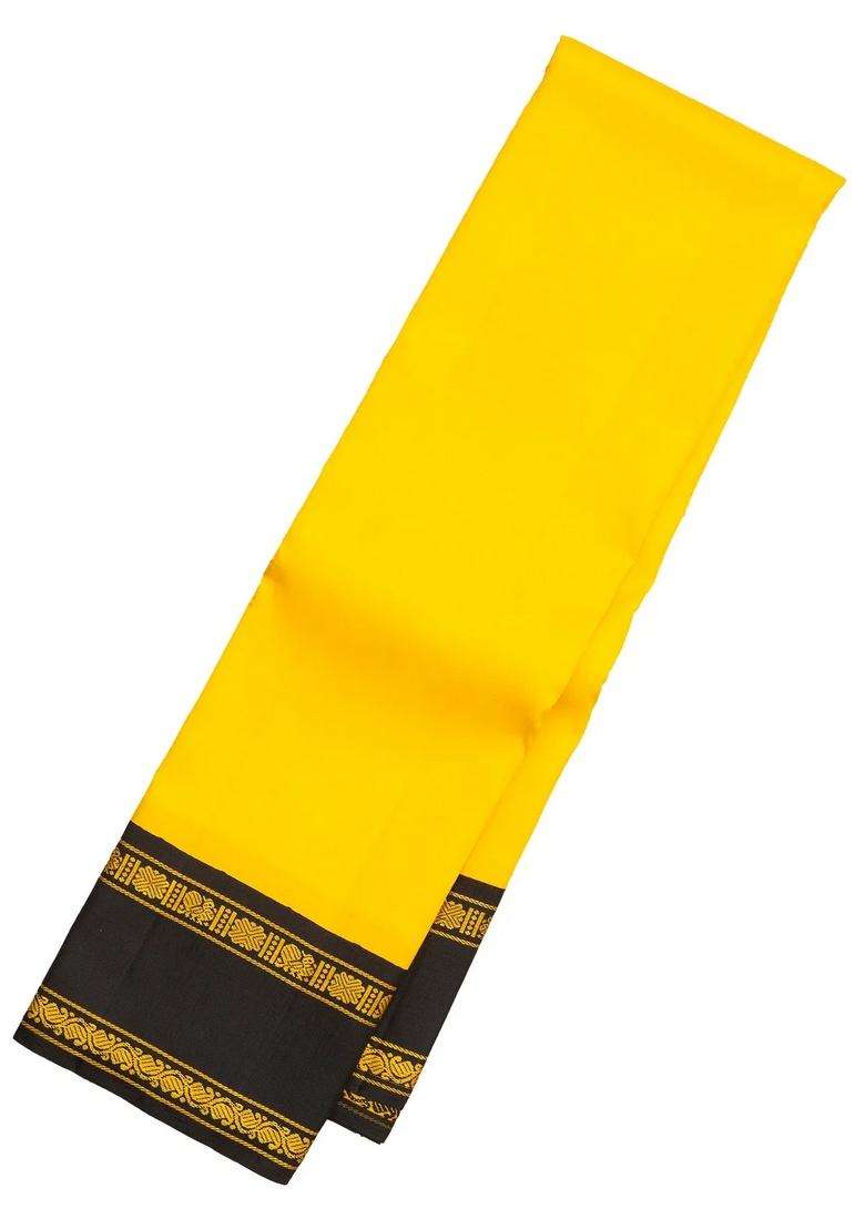 Yellow Handloom Korvai Kanchipuram Silk Saree With Black Border With Korvai And Temple Border Design For Women - Indya