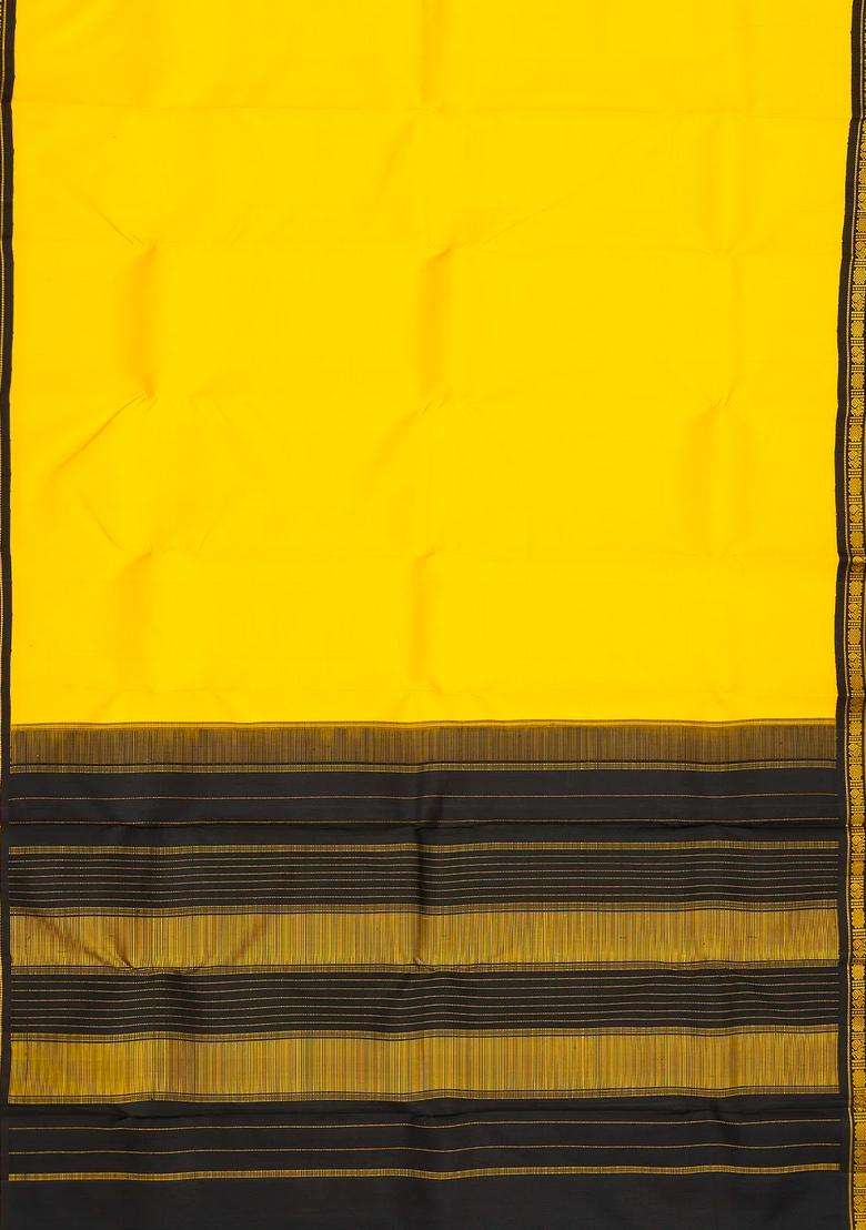 Yellow Handloom Korvai Kanchipuram Silk Saree With Black Border With Korvai And Temple Border Design For Women - Indya