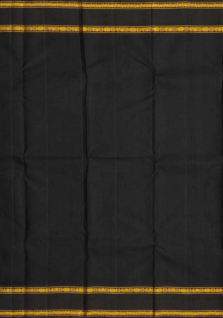 Yellow Handloom Korvai Kanchipuram Silk Saree With Black Border With Korvai And Temple Border Design For Women - Indya