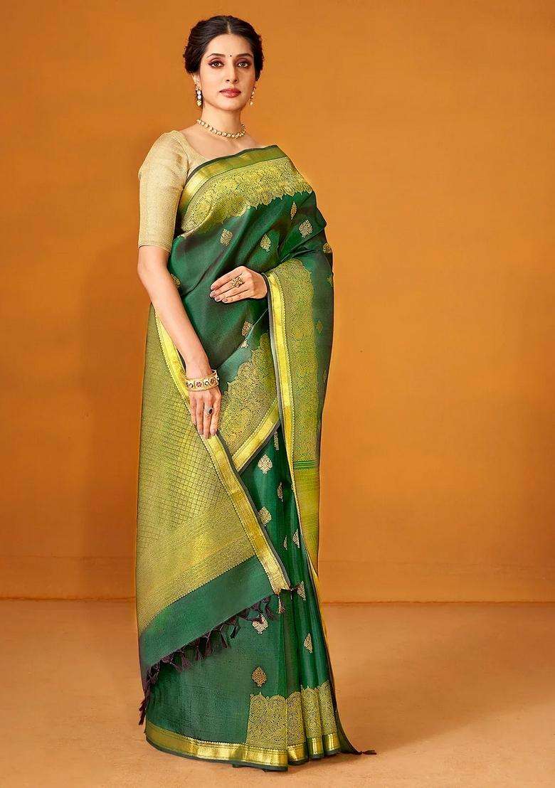 Bottle Green Handloom Kanchipuram Silk Saree With Floral Buttas With Buttas And Brocade Design For Women - Indya