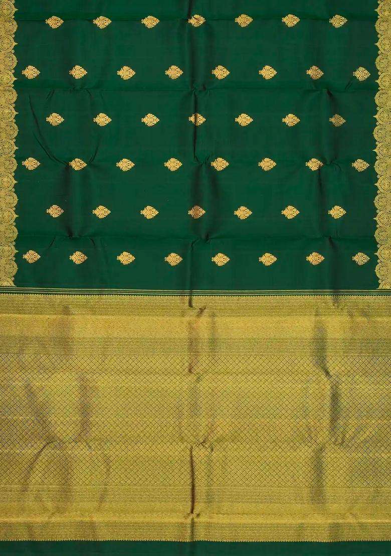 Bottle Green Handloom Kanchipuram Silk Saree With Floral Buttas With Buttas And Brocade Design For Women - Indya