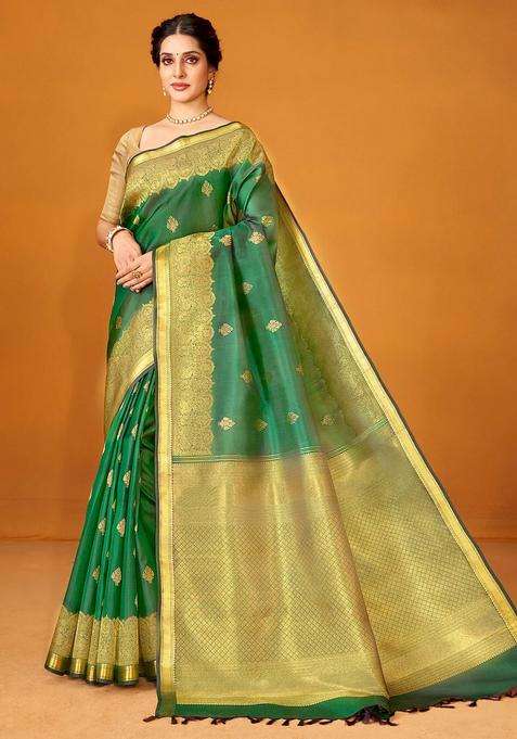 Bottle Green Handloom Kanchipuram Silk Saree With Floral Buttas With Buttas And Brocade Design For Women