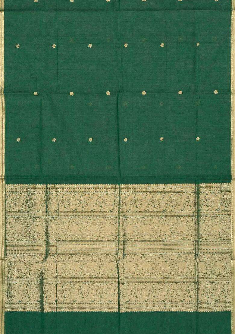Dark Green Handloom Kanchi Cotton Saree With Annam Buttas With Buttas And Brocade Design For Women - Indya