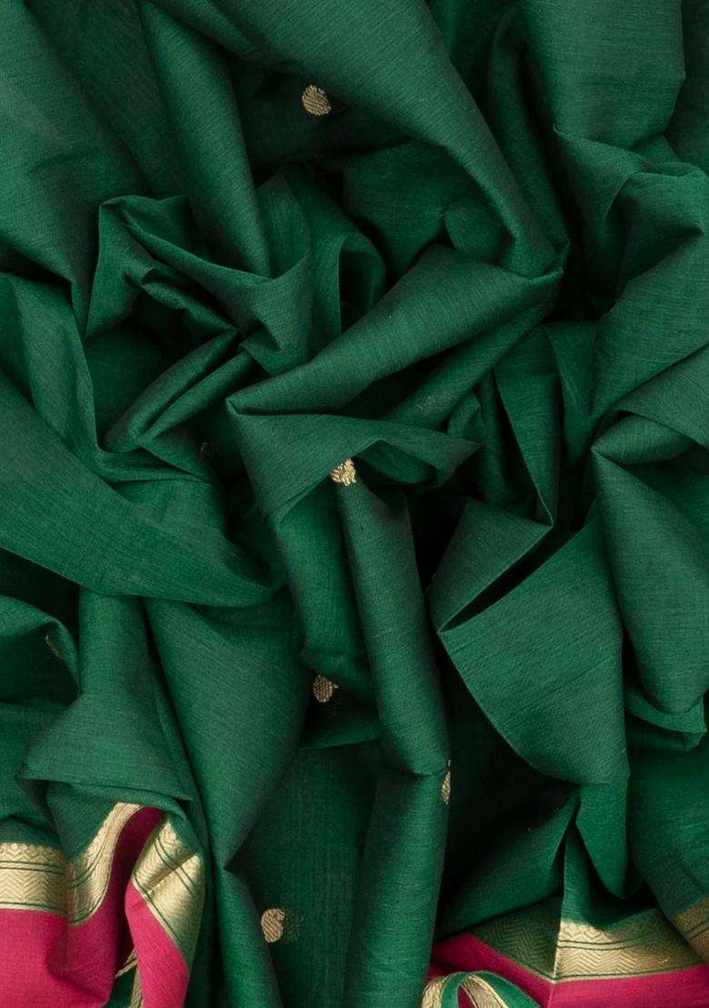 Dark Green Handloom Kanchi Cotton Saree With Annam Buttas With Buttas And Brocade Design For Women - Indya