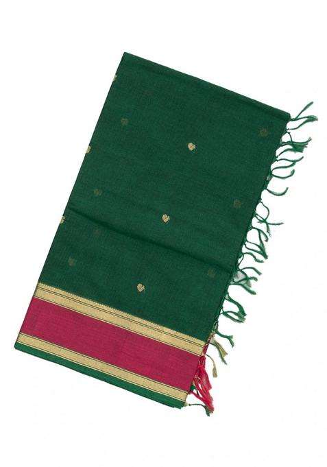 Dark Green Handloom Kanchi Cotton Saree With Annam Buttas With Buttas And Brocade Design For Women