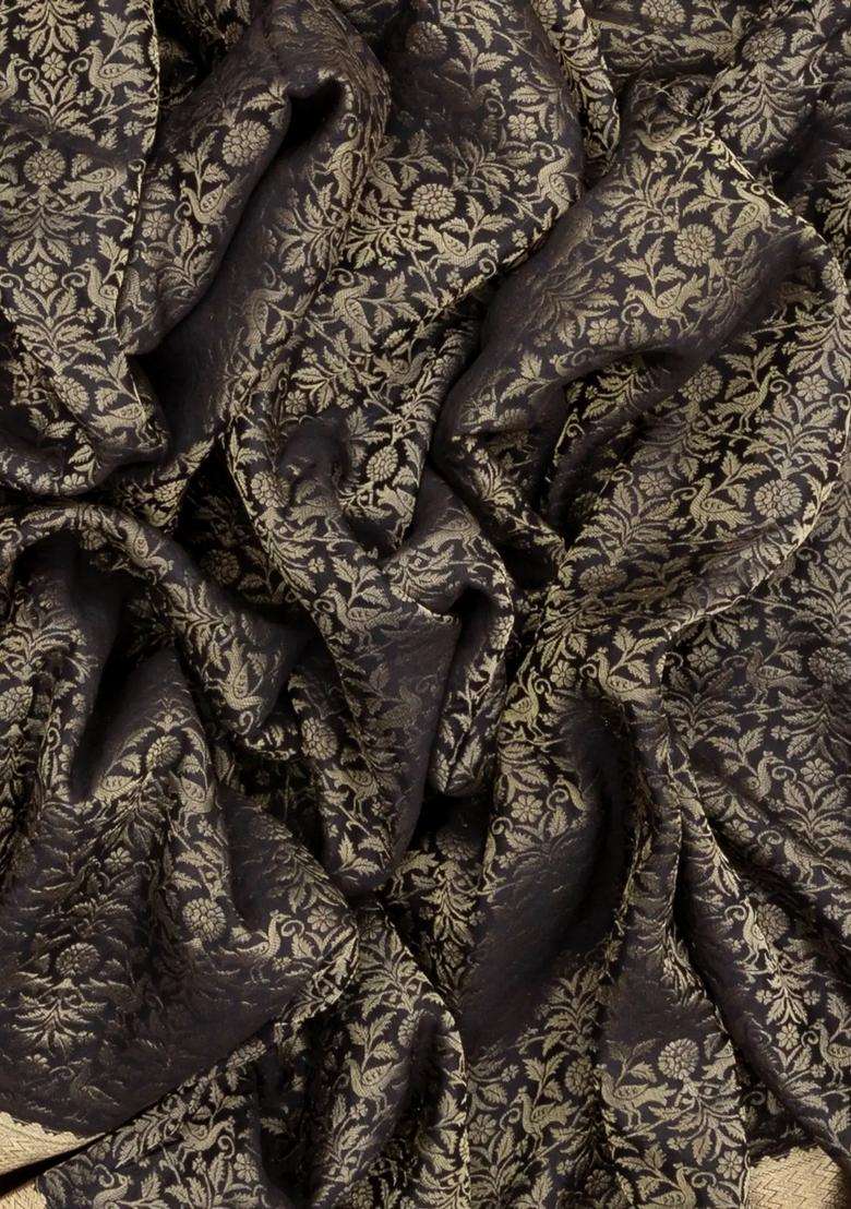 Black Mysore Crepe Silk Saree With Peacock Motifs With Buttas And Brocade Design For Women - Indya