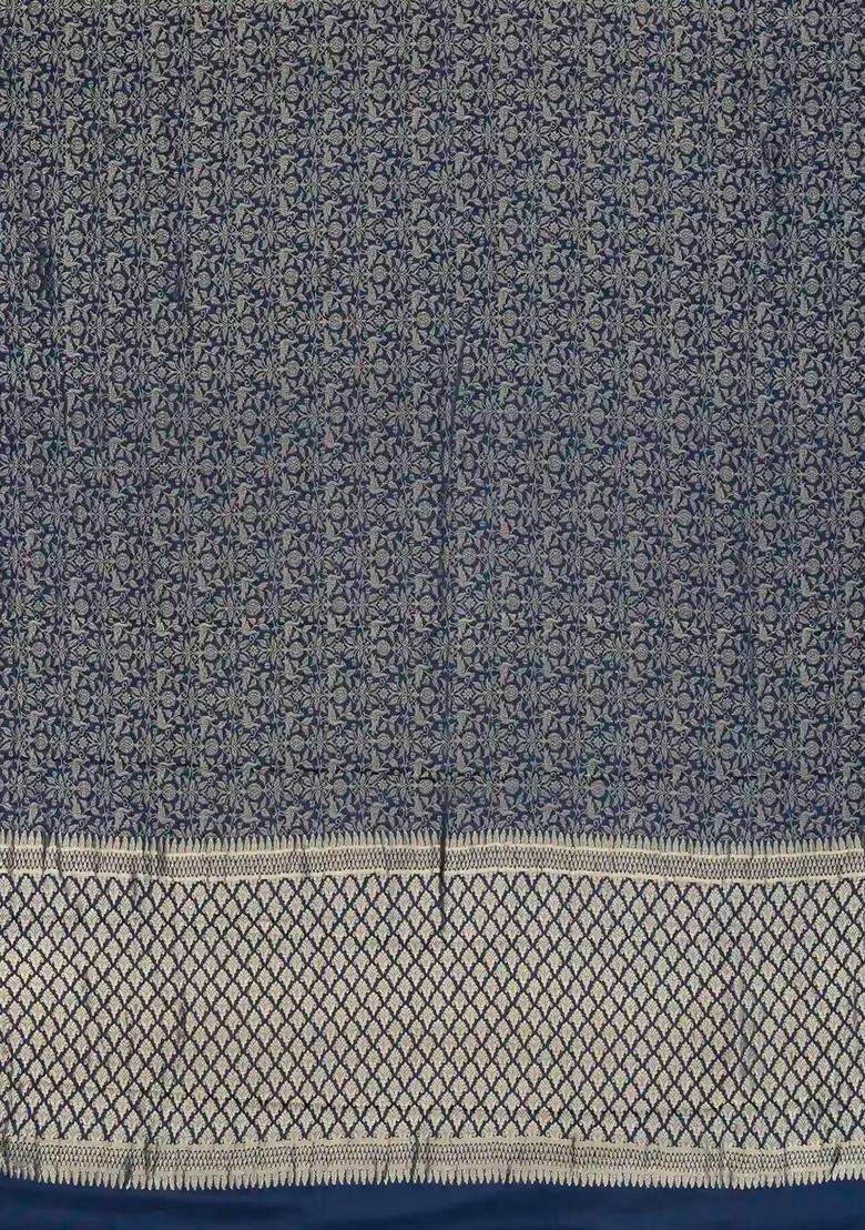 Indigo Mysore Crepe Silk Saree With Peacock Floral Motifs With Buttas And Brocade Design For Women - Indya