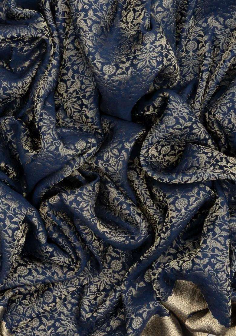 Indigo Mysore Crepe Silk Saree With Peacock Floral Motifs With Buttas And Brocade Design For Women - Indya