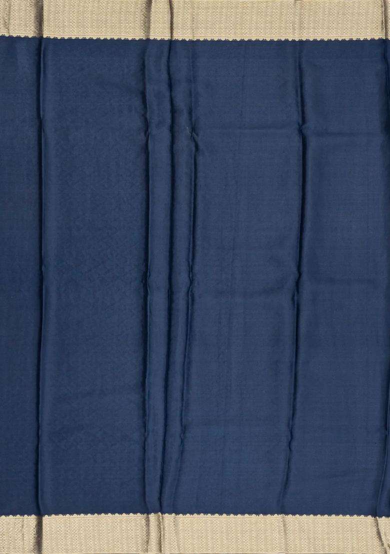 Indigo Mysore Crepe Silk Saree With Peacock Floral Motifs With Buttas And Brocade Design For Women - Indya