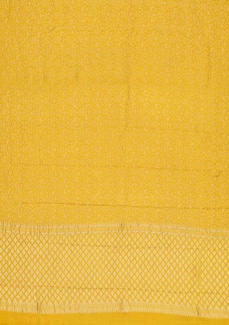 Yellow Mysore Crepe Silk Saree With Peacock Floral Motifs With Buttas And Brocade Design For Women - Indya