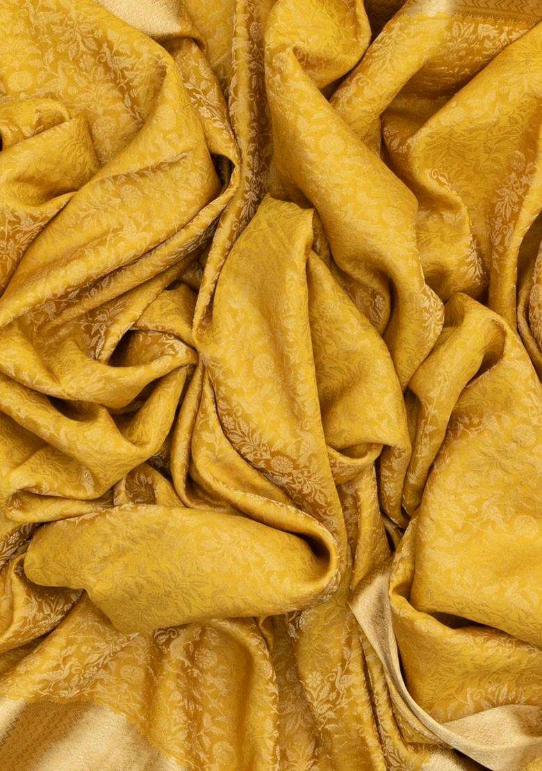 Yellow Mysore Crepe Silk Saree With Peacock Floral Motifs With Buttas And Brocade Design For Women - Indya