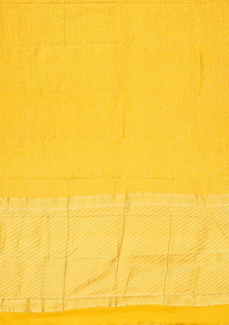 Yellow Mysore Crepe Silk Saree With Floral Vine Motifs With Buttas And Brocade Design For Women - Indya