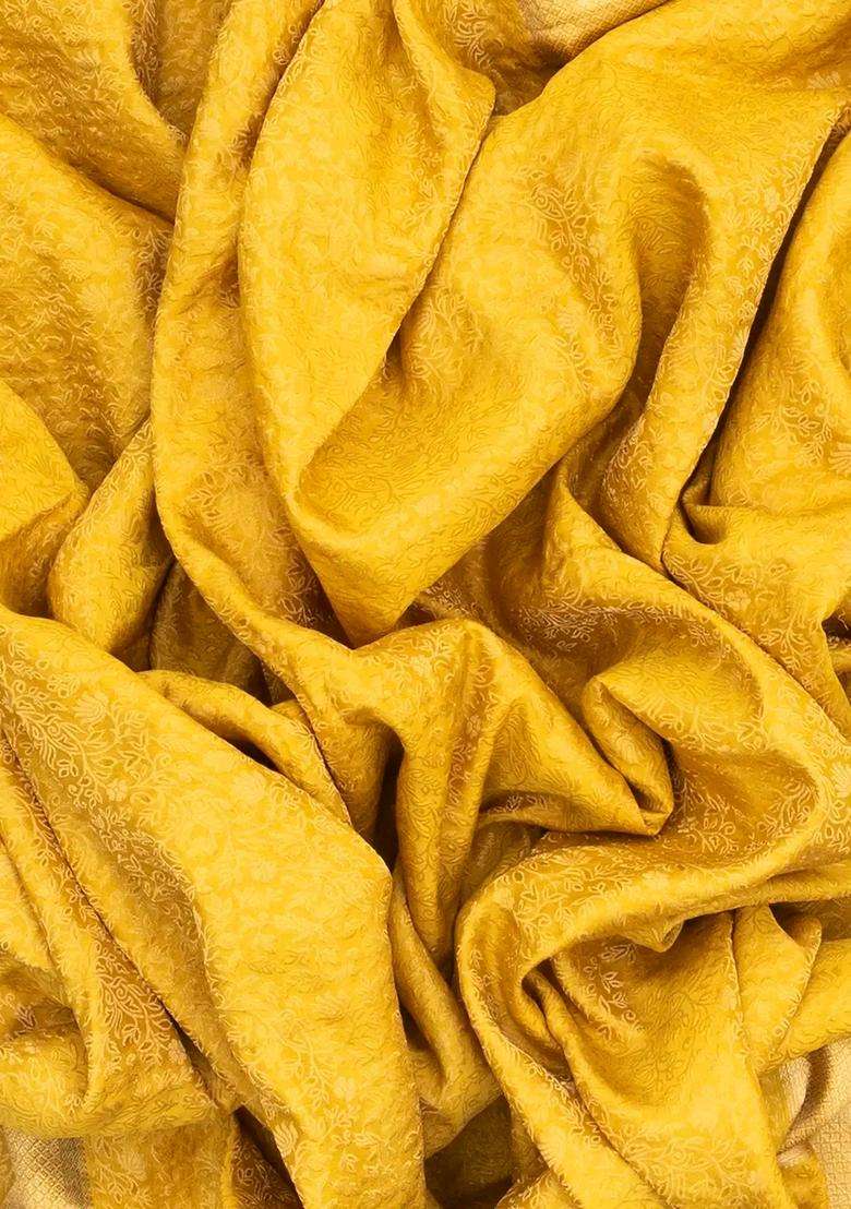 Yellow Mysore Crepe Silk Saree With Floral Vine Motifs With Buttas And Brocade Design For Women - Indya