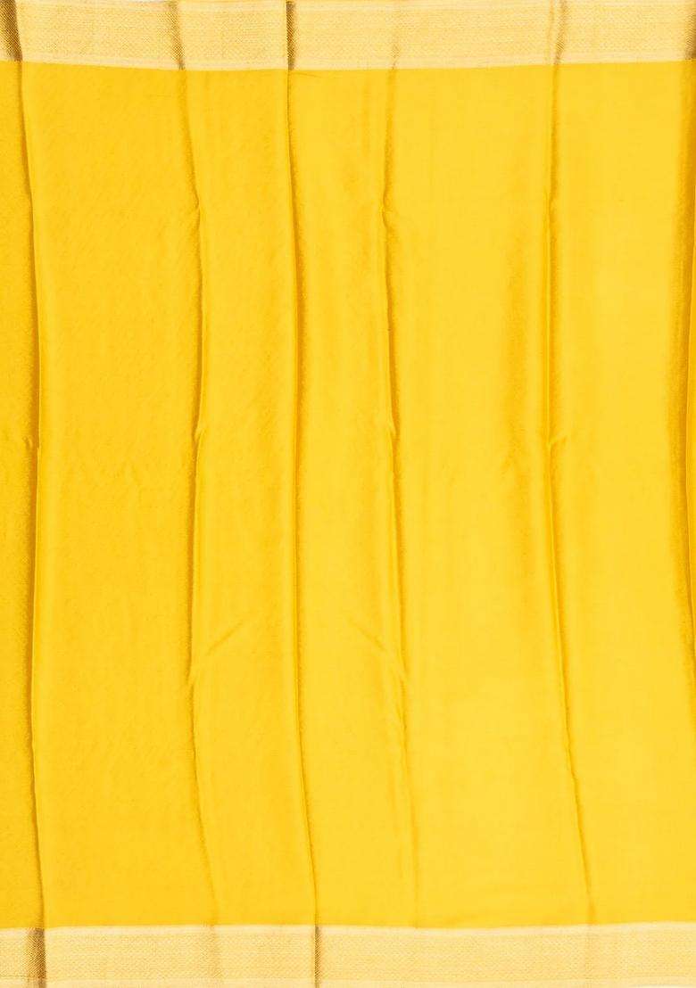 Yellow Mysore Crepe Silk Saree With Floral Vine Motifs With Buttas And Brocade Design For Women - Indya