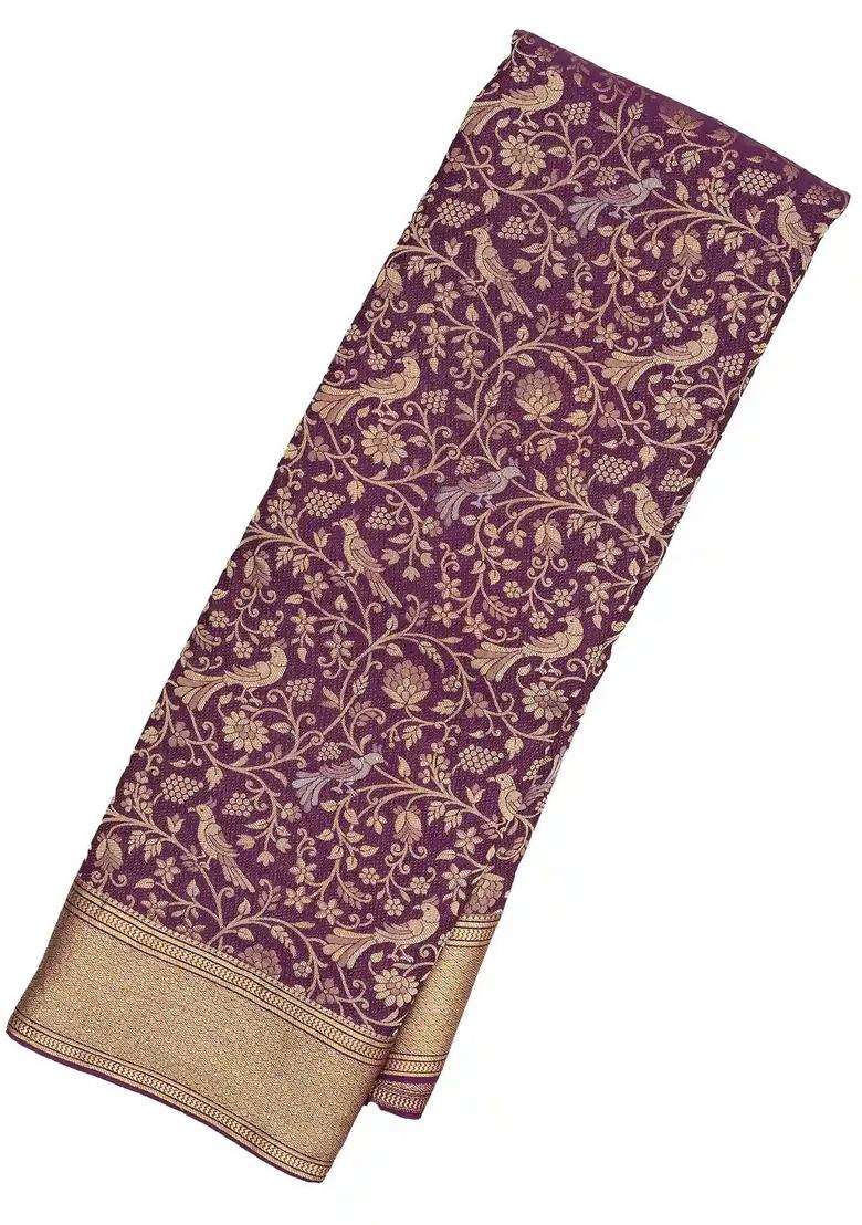 Dark Purple Mysore Crepe Silk Saree With Peacock Floral Motifs With Buttas And Brocade Design For Women - Indya