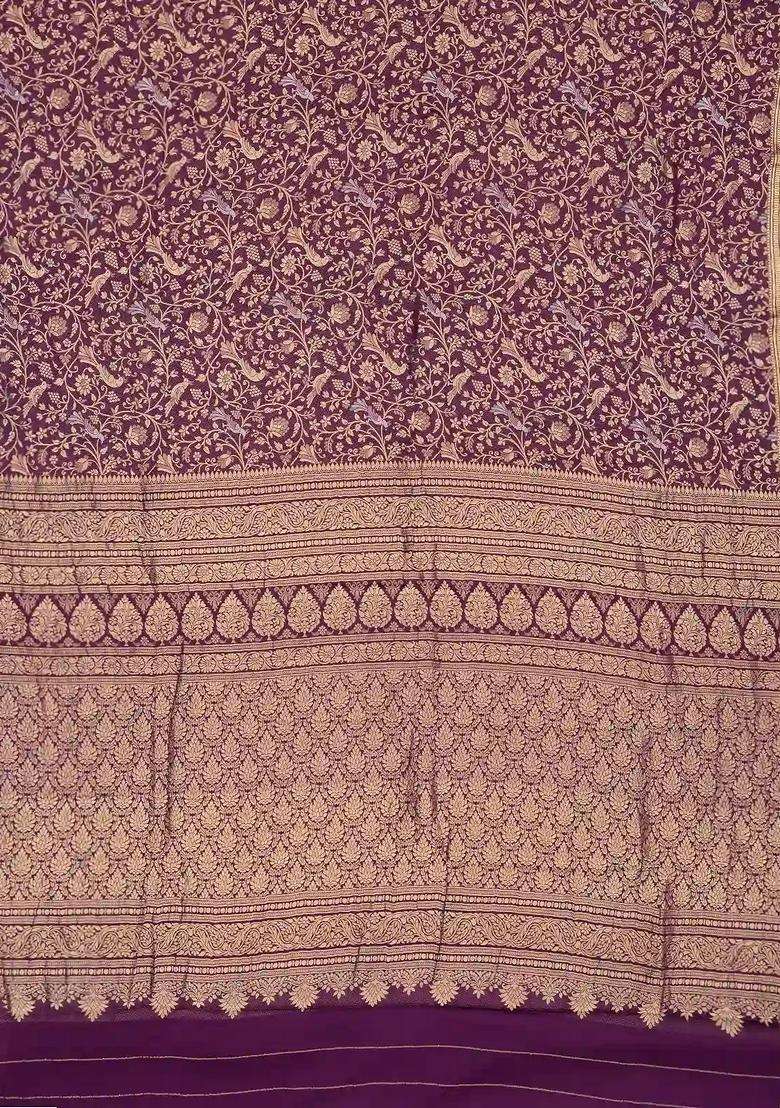 Dark Purple Mysore Crepe Silk Saree With Peacock Floral Motifs With Buttas And Brocade Design For Women - Indya