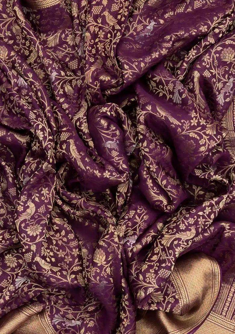Dark Purple Mysore Crepe Silk Saree With Peacock Floral Motifs With Buttas And Brocade Design For Women - Indya