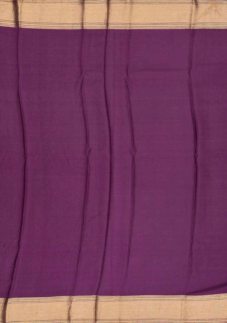 Dark Purple Mysore Crepe Silk Saree With Peacock Floral Motifs With Buttas And Brocade Design For Women - Indya