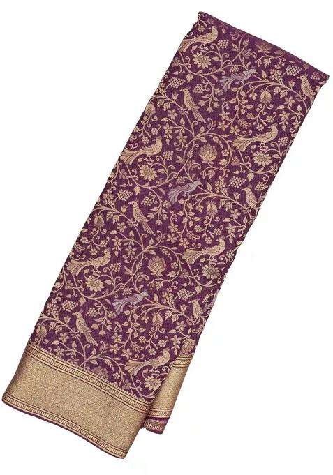 Dark Purple Mysore Crepe Silk Saree With Peacock Floral Motifs With Buttas And Brocade Design For Women