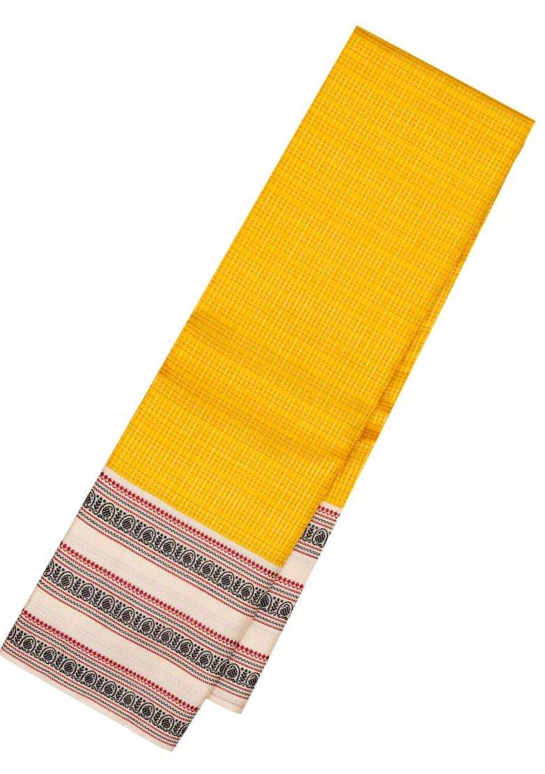 Mango Yellow Handloom Korvai Kanchipuram Silk Saree With Checks Contrast Border With Korvai And Temple Border Design For Women - Indya