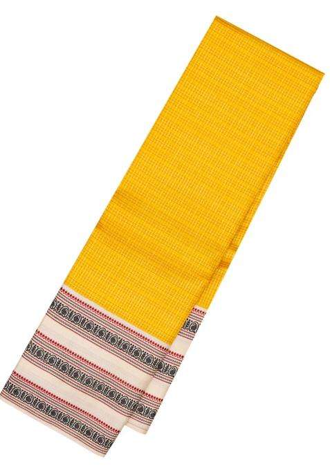 Mango Yellow Handloom Korvai Kanchipuram Silk Saree With Checks Contrast Border With Korvai And Temple Border Design For Women