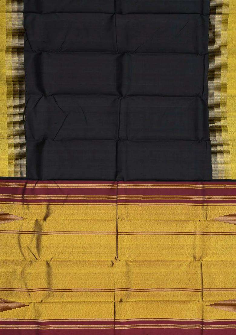 Black Handloom Kanchipuram Silk Saree With Comb Tooth Border With Traditional Woven Design For Women - Indya