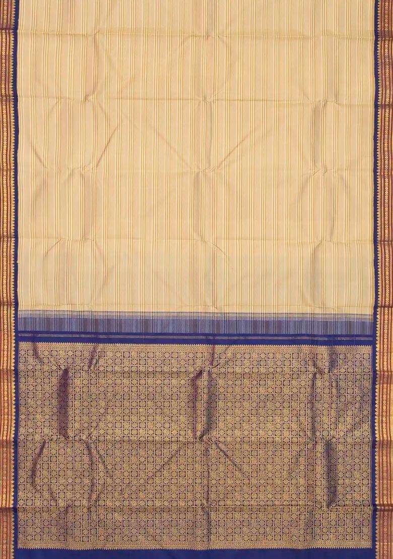 Taupe Handloom Korvai Kanchipuram Silk Saree With Stripes With Korvai And Temple Border Design For Women - Indya