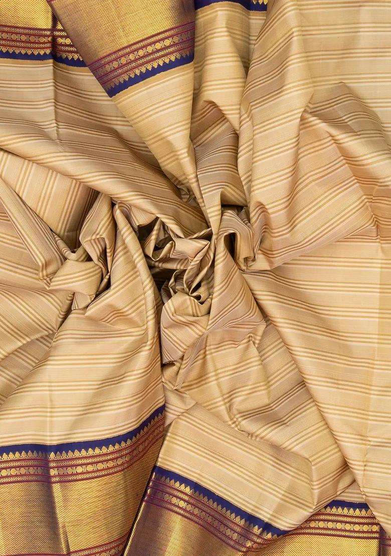Taupe Handloom Korvai Kanchipuram Silk Saree With Stripes With Korvai And Temple Border Design For Women - Indya