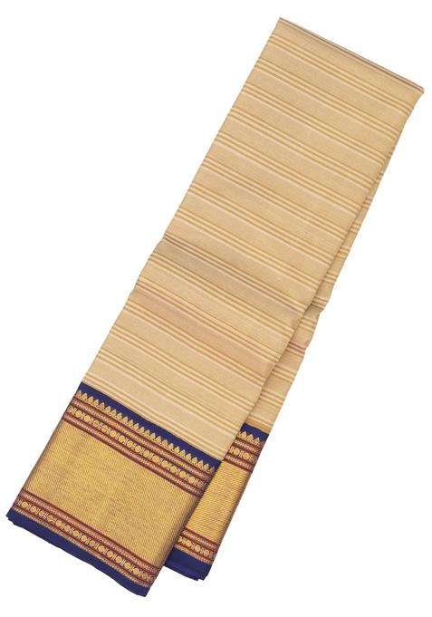 Taupe Handloom Korvai Kanchipuram Silk Saree With Stripes With Korvai And Temple Border Design For Women