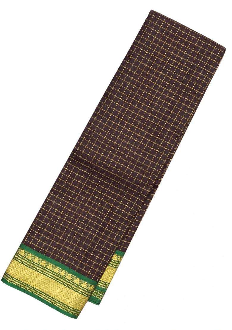 Black Handloom Kanchipuram Silk Saree With Checks Green Border With Checks And Stripes Design For Women - Indya