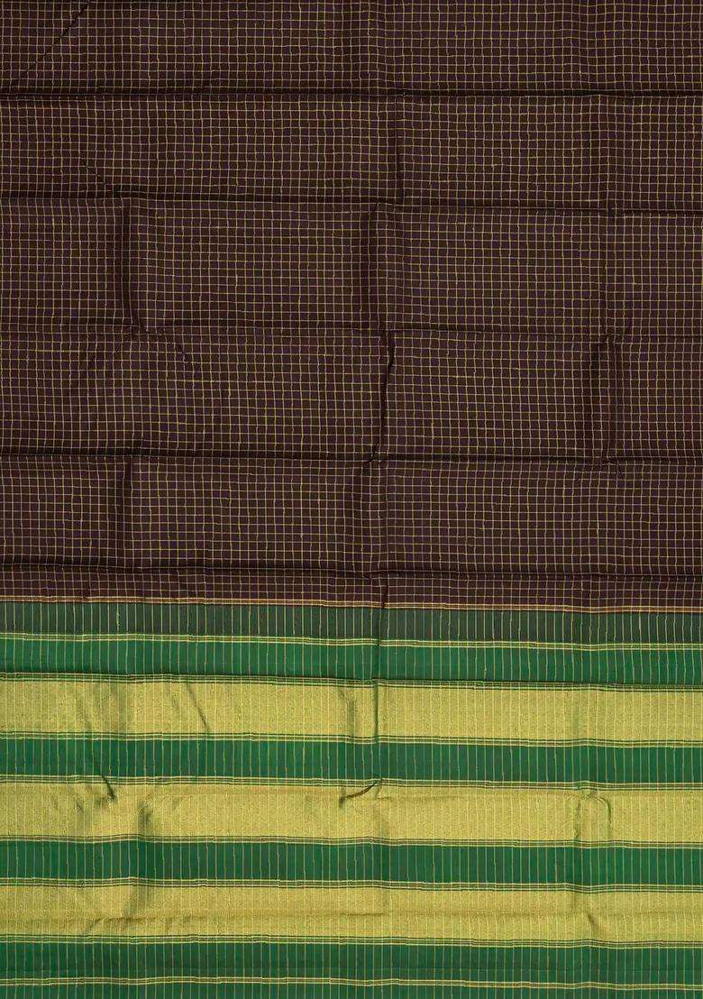 Black Handloom Kanchipuram Silk Saree With Checks Green Border With Checks And Stripes Design For Women - Indya