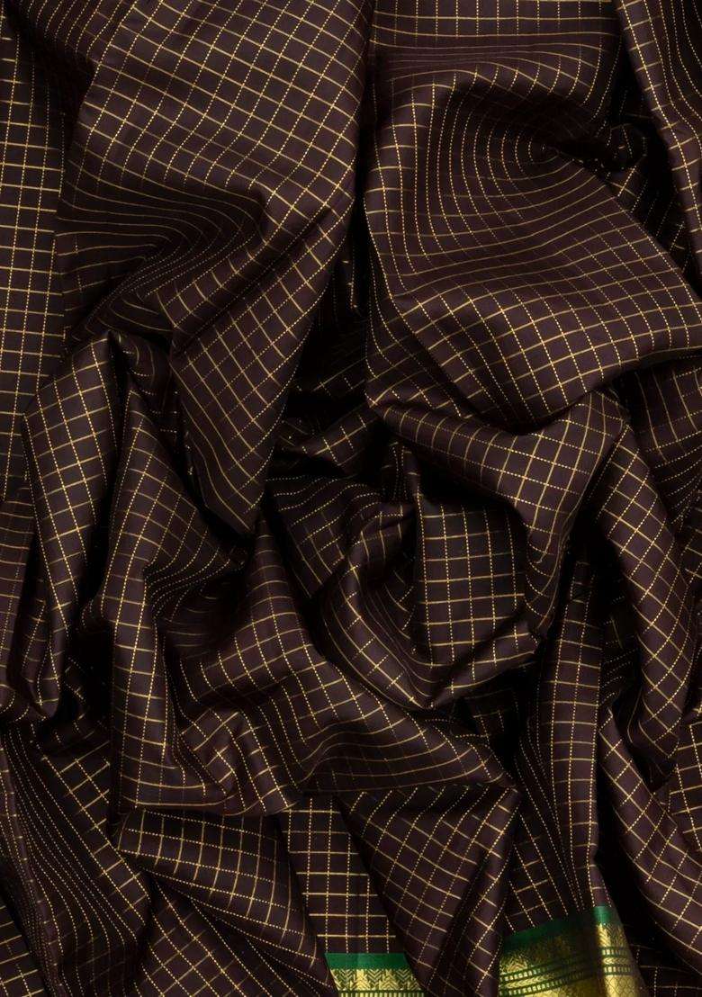 Black Handloom Kanchipuram Silk Saree With Checks Green Border With Checks And Stripes Design For Women - Indya